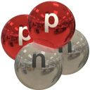 alpha particle, red and silver, with p and n